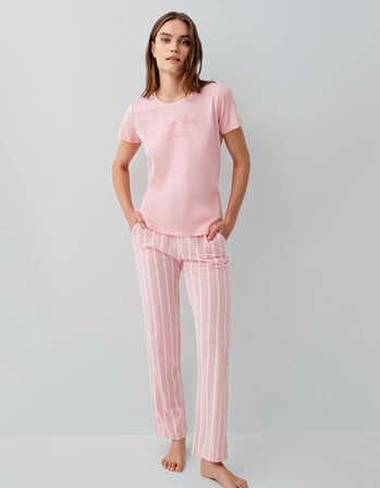 Pierre Cardin Kadın Kısa Kollu Pijama Takımı – %50 Modal %50 Pamuk, Çizgili Uzun Alt, Rahat Kalıp