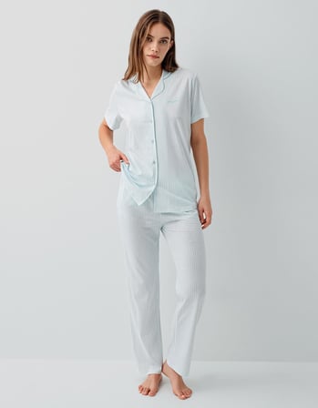Pierre Cardin Kadın Çizgili Düğmeli Kısa Kollu Kutulu Pijama Takımı – %50 Pamuk %50 Modal,  Cep Detaylı
