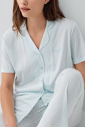 Pierre Cardin Kadın Çizgili Düğmeli Kısa Kollu Kutulu Pijama Takımı – %50 Pamuk %50 Modal,  Cep Detaylı