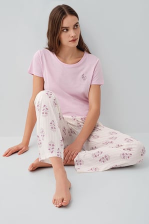 Pierre Cardin Kadın Kısa Kollu Pijama Takımı %50 Pamuk %50 Modal – Desenli Cepli Pijama Altı, Tam Kalıp