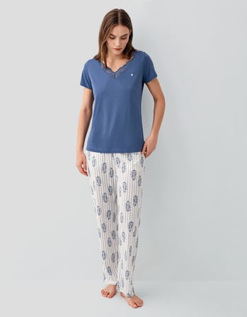 Pierre Cardin Kadın Kısa Kollu Pijama Takımı %50 Pamuk %50 Modal – Desenli Cepli Pijama Altı, Tam Kalıp