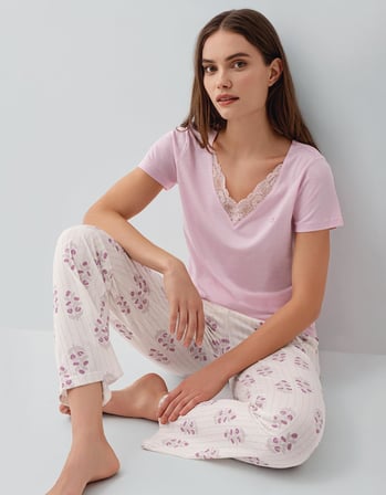 Pierre Cardin Kadın Kısa Kollu Pijama Takımı %50 Pamuk %50 Modal – Desenli Cepli Pijama Altı, Tam Kalıp