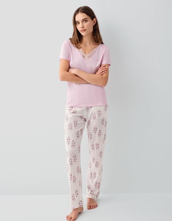 Pierre Cardin Kadın Kısa Kollu Pijama Takımı %50 Pamuk %50 Modal – Desenli Cepli Pijama Altı, Tam Kalıp