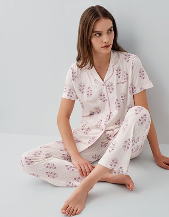 Pierre Cardin Kadın Düğmeli Kısa Kollu Kutulu Pijama Takımı %50 Pamuk %50 Modal – Tam Kalıp, Alt Cepli Üst Düğmeli