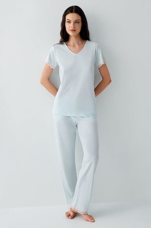 Pierre Cardin Kadın V Yaka Dantelli Pijama Takımı %50 Pamuk %50 Modal – Kısa Kollu, Tam Kalıp, Yumuşak Kumaş
