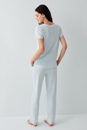 Pierre Cardin Kadın V Yaka Dantelli Pijama Takımı %50 Pamuk %50 Modal – Kısa Kollu, Tam Kalıp, Yumuşak Kumaş