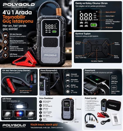 1200A Akü Takviye Cihazı 150 Psı Hava Kompresörlü Powerbank LED Fener 4’ü 1 Arada