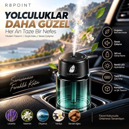 R8POINT Araç Koku Difüzörü Hava Nemlendiricisi 160 ml Akıllı Aroma Atomizeri 200 Mah Şarjlı Type-C LED Işıklı