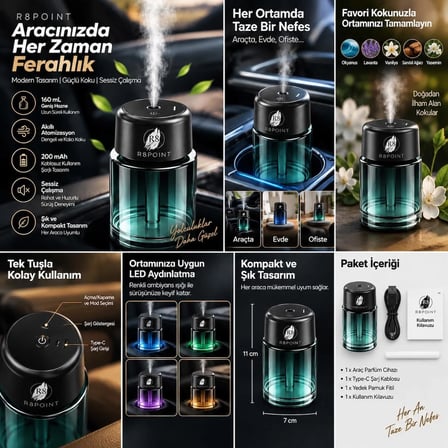 R8POINT Araç Koku Difüzörü Hava Nemlendiricisi 160 ml Akıllı Aroma Atomizeri 200 Mah Şarjlı Type-C LED Işıklı