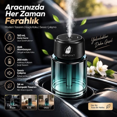 R8POINT Araç Koku Difüzörü Hava Nemlendiricisi 160 ml Akıllı Aroma Atomizeri 200 Mah Şarjlı Type-C LED Işıklı