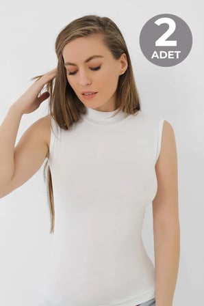 Özel Üretim 2 Adet Beyaz Bambu Kadın Balıkçı Yaka Sıfır Kol Body Tarz Rahat Kumaş