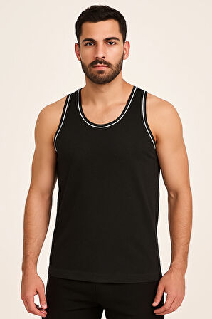 Erkek rambo atlet siyah - beyaz biyeli penye kumaş yazlık spor atlet