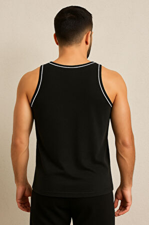 Erkek rambo atlet siyah - beyaz biyeli penye kumaş yazlık spor atlet