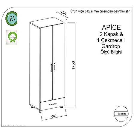 Gardırop Gess 2 Kapak 1 Çekmece Beyaz