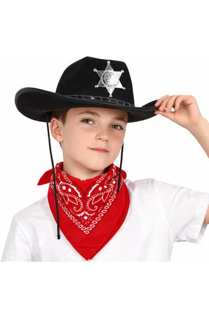 Çocuk Kovboy Şapka Rozetli Siyah  Kırmızı Bandana Seti