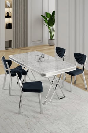 Raja Serisi 80x130 Lak Panel Beyaz Mermer Desen Masa Takımı Krom Ayaklı 4 Antrasit Sandalye