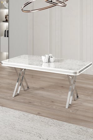 Raja Serisi 80x130 Lak Panel Beyaz Mermer Desen Masa Takımı Krom Ayaklı 4 Antrasit Sandalye