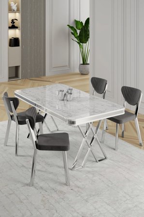 Raja Serisi 80x130 Lak Panel Beyaz Mermer Desen Masa Takımı Krom Ayaklı 4 Gri Sandalye
