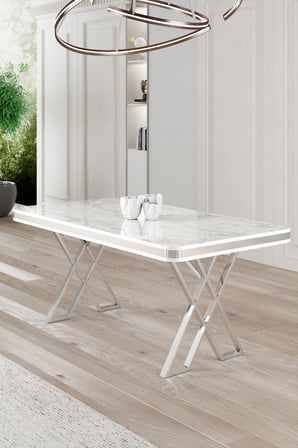 Raja Serisi 80x130 Lak Panel Beyaz Mermer Desen Masa Takımı Krom Ayaklı 4 Gri Sandalye
