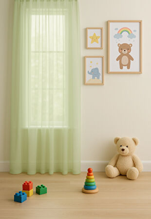 Çocuk Odası Dökümlü Düz Tül Perde - Açık Yeşil - Pileli Dikim 1x2,5 Pile