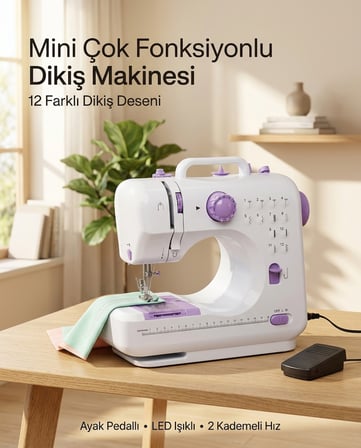 Çok Fonksiyonlu Mini Dikiş Makinesi 12 Dikiş Seçenekli 2 Kademeli Hız Ayarlı