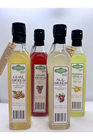Yusuf Efendi %100 Doğal Fermente Sirke 4’lü Set (Ceviz, Üzüm, Alıç, Ananas) – 500 ml x 4