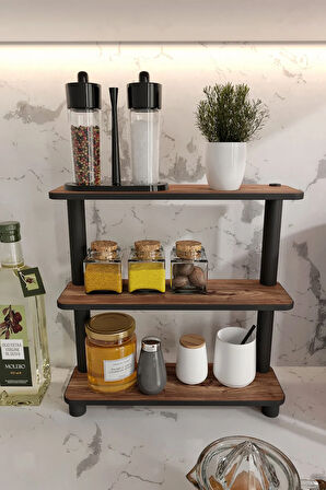 Ravilo Tezgah Üstü 3 Katlı Dikdörtgen Dekoratif Raf Ceviz