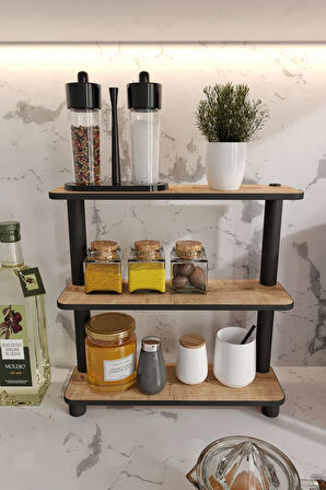 Ravilo Tezgah Üstü 3 Katlı Dikdörtgen Dekoratif Raf Meşe