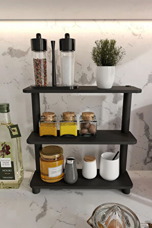 Ravilo Tezgah Üstü 3 Katlı Dikdörtgen Dekoratif Raf Siyah