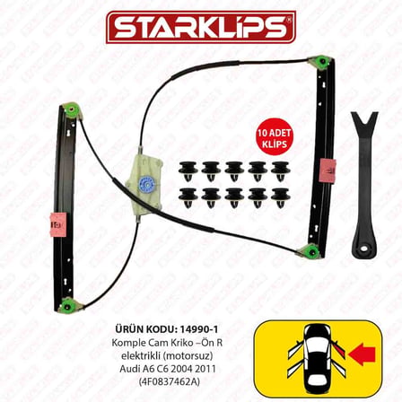 Cam Kriko Kızaklı Ön Sağ Komple Audi A6 C6 2004 2011 (4F0837462A)
