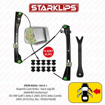 Kopmle Cam Kriko Kızaklı Saclı R Ön VW Golf 5 Jetta 5 2005-2010 Jetta Combi 2005-2010 (1K5837462B)