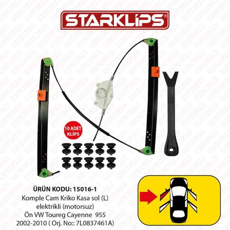 Cam Kriko Kasa Kızaklı Sol Ön VW Toureg Cayenne 955 2002-2010 (7L0837461A)