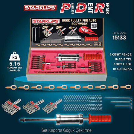 Set Kaporta Göçük Çektirme Tokmak + 3 Çeşit Pençe + 10 Ad S Tel + 3 Boy L Kol + 10 Ad Halka