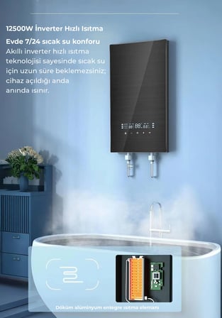 Merkezi Sistem Dijital Akıllı Şofben Büyük Boy Siyah 12500W Banyo ve Mutfakta Aynı Anda Sıcak Su