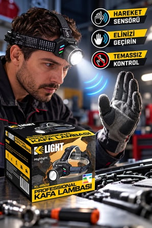 K Light KL-8502 Şarjlı Profesyonel Kafa Lambası Zoom Özellikli Hareket Sensörlü Arka Güvenlik Işıklı