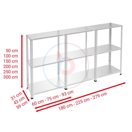 3 Katlı 3'lü Galvaniz Çelik Raf - Depo, Arşiv, Kiler, Dosya, Market Rafı 31x93 cm-150 cm-1.50 mm