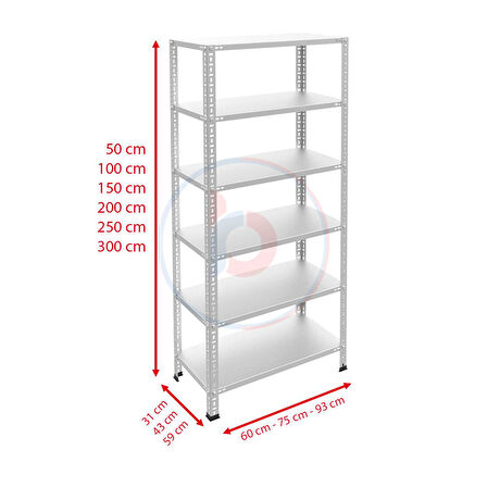 6 Katlı Galvaniz Çelik Raf - Depo, Arşiv, Kiler, Dosya, Market Rafı 43x75 cm-100 cm-1.50 mm