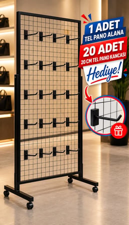 Tekerlekli Sık Telli Tel Raf - Tel Pano Stand, Duvar Askılığı-20 Adet 20 cm Tel Pano Kanca Hediyeli 60x120 cm