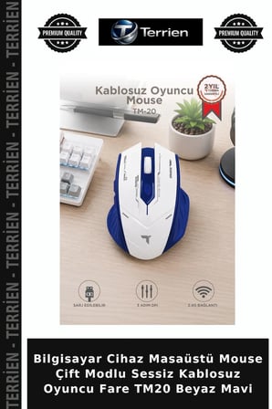Bilgisayar Cihaz Masaüstü Mouse Çift Modlu Sessiz Kablosuz Oyuncu Fare TM20 Beyaz Mavi