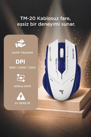 Bilgisayar Cihaz Masaüstü Mouse Çift Modlu Sessiz Kablosuz Oyuncu Fare TM20 Beyaz Mavi