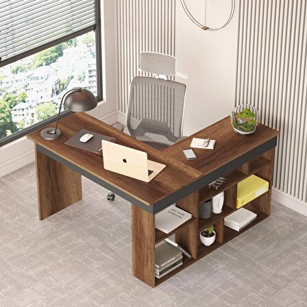 Robin Home Boston Kitaplık Raflı Çalışma Masası L Masa Ofis Çalışma Masası Barok-Antrasit