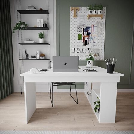 Robin Home Boston Kitaplık Raflı Çalışma Masası L Masa Ofis Masası Beyaz