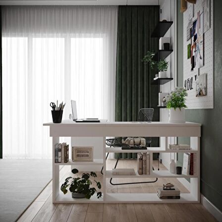 Robin Home Boston Kitaplık Raflı Çalışma Masası L Masa Ofis Masası Beyaz