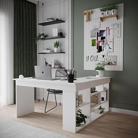 Robin Home Boston Kitaplık Raflı Çalışma Masası L Masa Ofis Masası Beyaz
