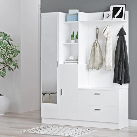 Robin Home Jessie Vestiyer Ayakkabılık Portmanto Aynalı Raf Beyaz