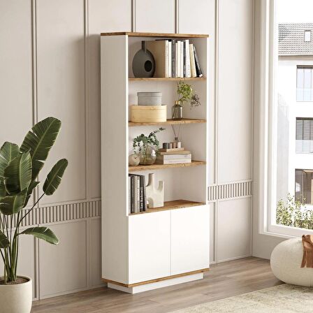 Robin Home Loft Kitaplık Raf 2 Kapaklı Raflı 168cm Çam-Beyaz