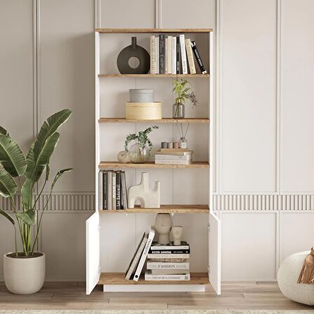 Robin Home Loft Kitaplık Raf 2 Kapaklı Raflı 168cm Çam-Beyaz