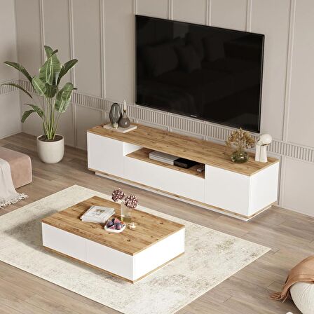 Robin Home Loft Tv Ünitesi Orta Sehpa 2'Li Set Çam-Beyaz