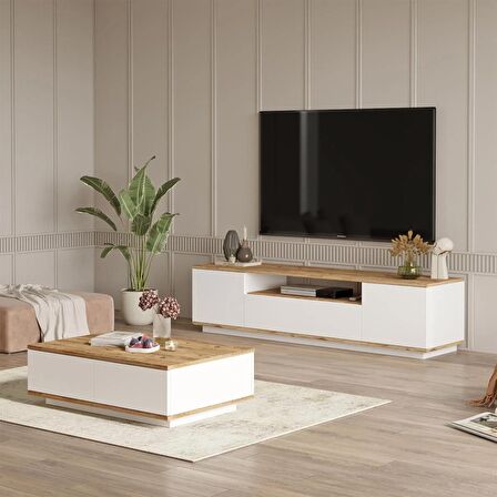 Robin Home Loft Tv Ünitesi Orta Sehpa 2'Li Set Çam-Beyaz