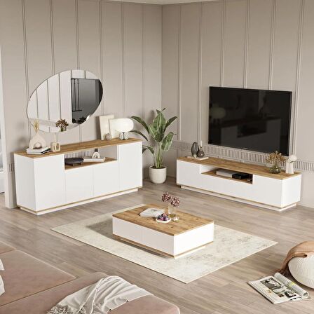 Robin Home Loft Tv Ünitesi Orta Sehpa Konsol 3'Lü Set Çam-Beyaz 